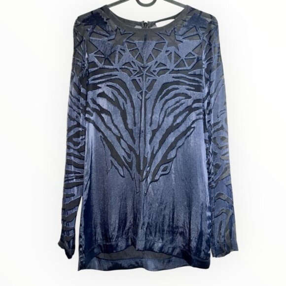 IRO Navy Blue Black Catrine Silk Long Sleeve Geometric Textured blouse Sz 36 / 4 - Picture 2 of 5